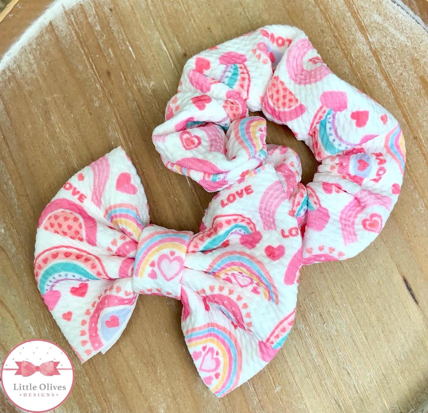 love rainbows fabric hair bow - love rainbows scrunchie