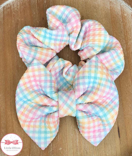 Easter fabric hair bow - pastel fabric hair bow - spring pastel fabric hair bow - Easter scrunchie - gingham scrunchie