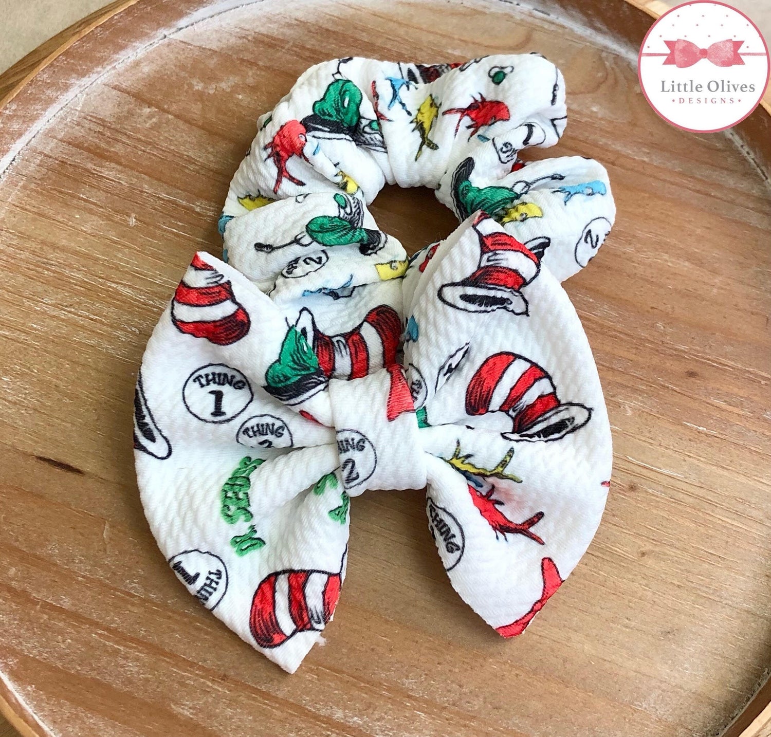 green food and striped hat inspired fabric hair bow - green food and striped hat scrunchie