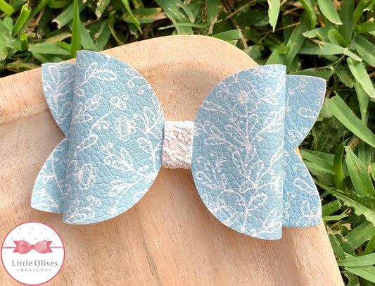 Floral vines bow - white and blue hairbow