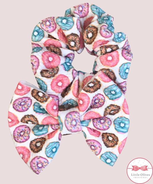 Donuts fabric bow and scrunchie