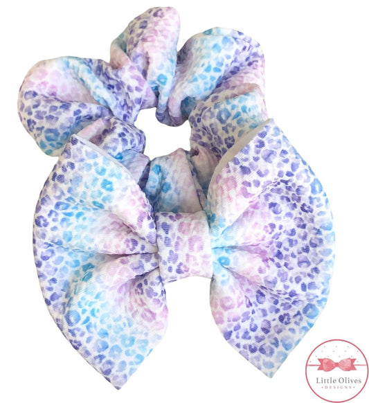 Purple leopard fabric bow and scrunchie