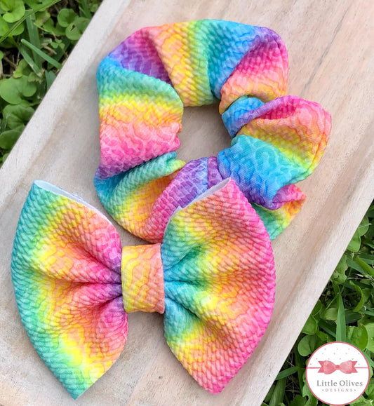 Rainbow leopard fabric bow and scrunchie