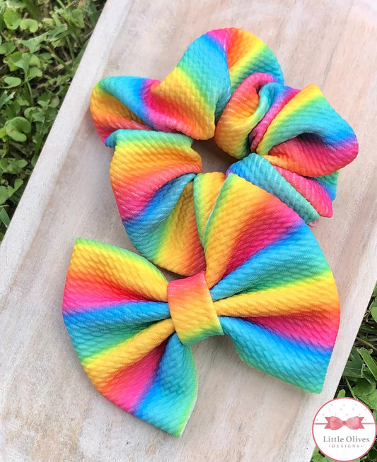 Bright rainbow ombre fabric bow and scrunchie