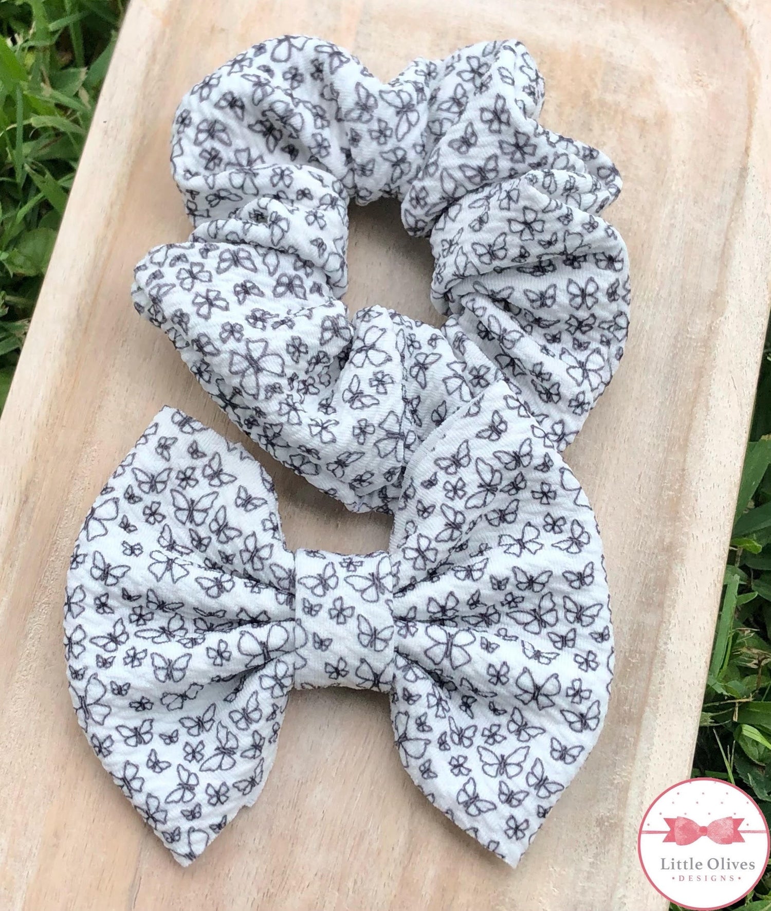 Butterfly sketch fabric bow and scrunchie