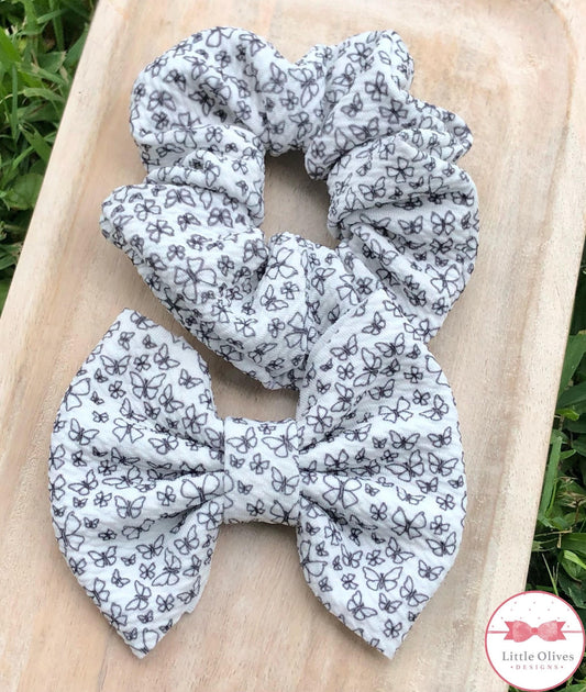 Butterfly sketch fabric bow and scrunchie