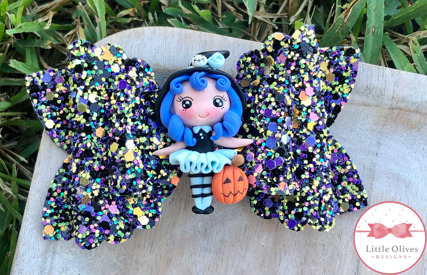 Blue witch clay bow - witch Halloween hairbow