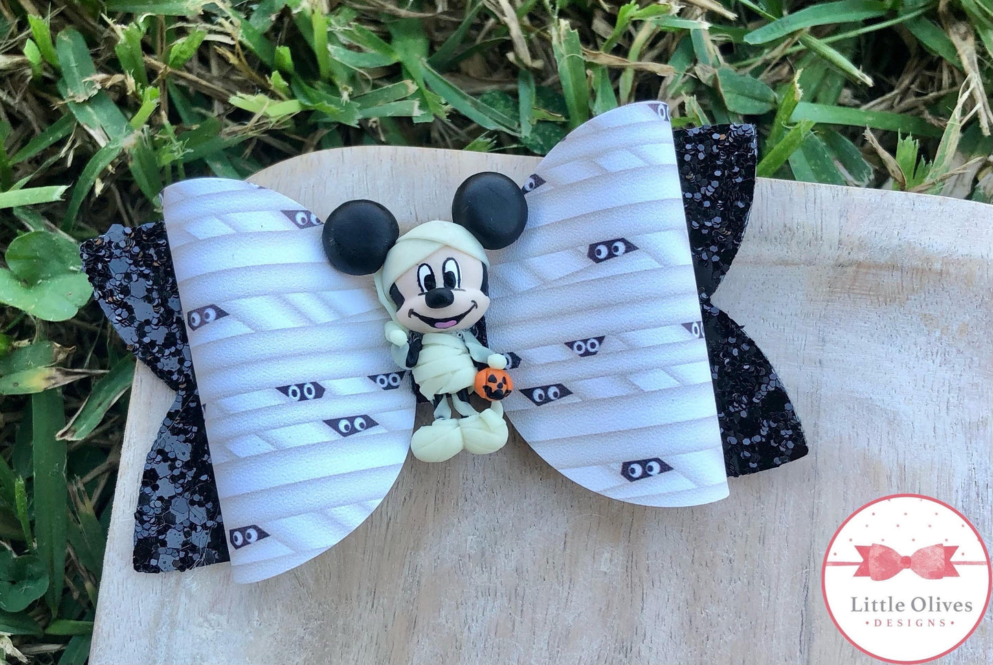 Mummy mouse clay bow - Halloween hairbow