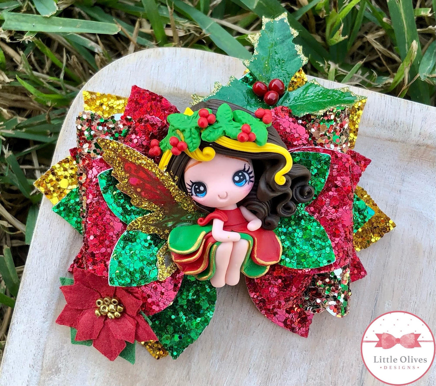 Christmas Fairy clay bow - Holiday Fairy bow