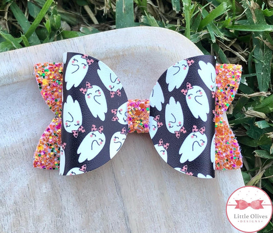 Orange and black ghosts Halloween bow