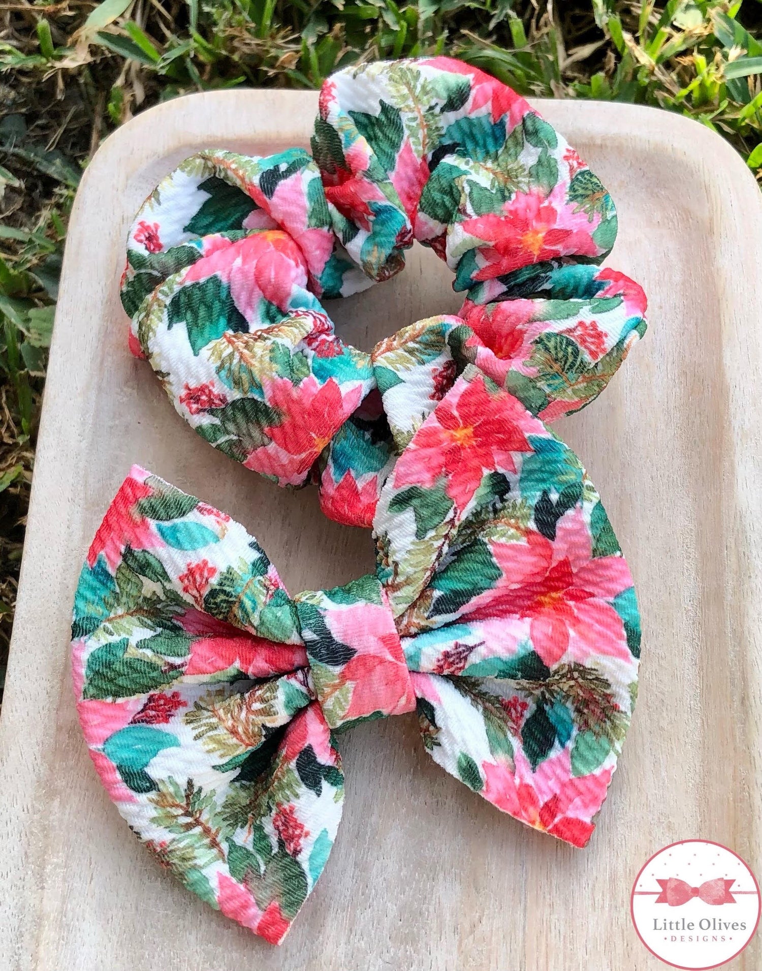 Pink poinsettia scrunchie and hairbow
