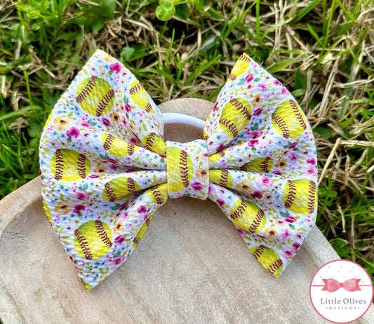 Floral Softballs bow or scrunchie