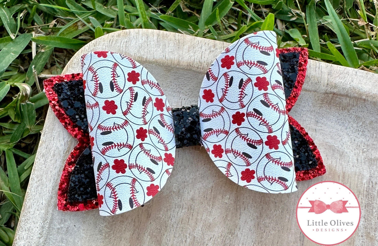 Baseball smileys bow