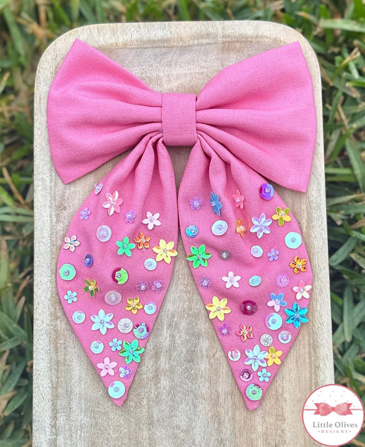 SPRING LINEN SEQUIN BOW - LIGHT PINK