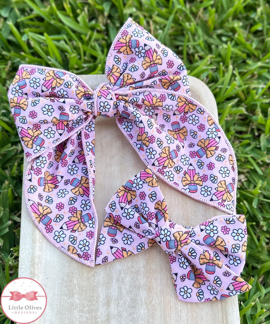 PINK PENCIL BOWS & FLOWERS SMALL OR LARGE SOPHIE BOW
