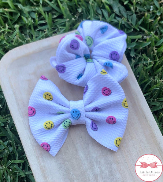 RAINBOW SMILEY FACES BOW OR SCRUNCHIE