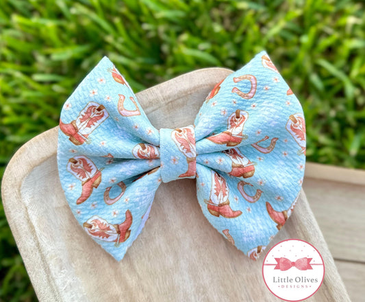 AQUA COWBOY BOOTS FABRIC BOW