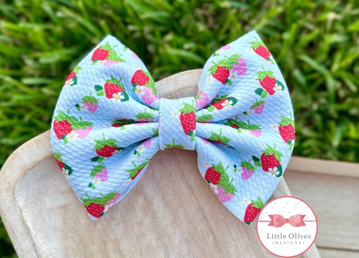 AQUA STRAWBERRY FLOWERS FABRIC BOW