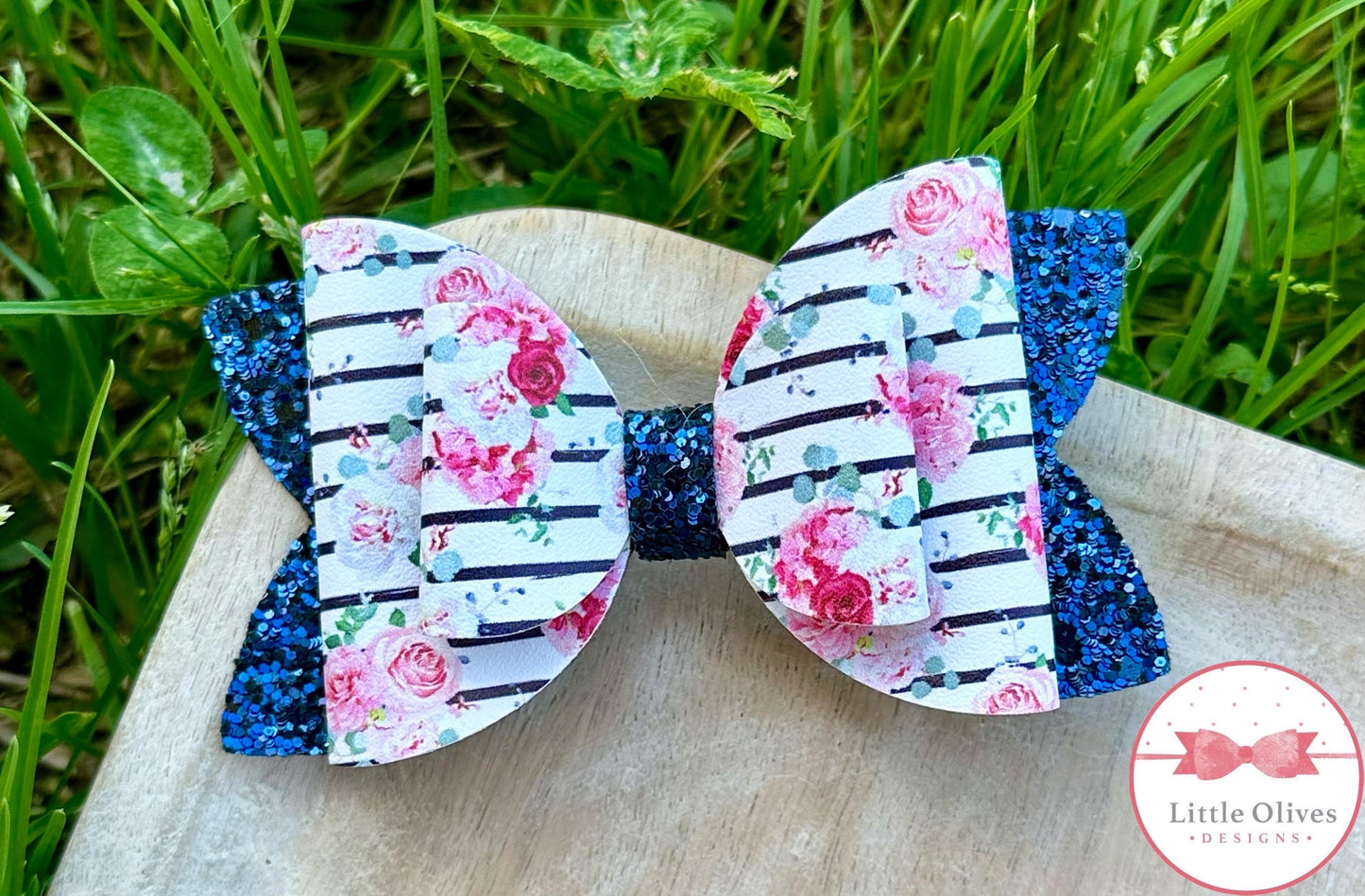 NAVY STRIPE FLORAL BOW