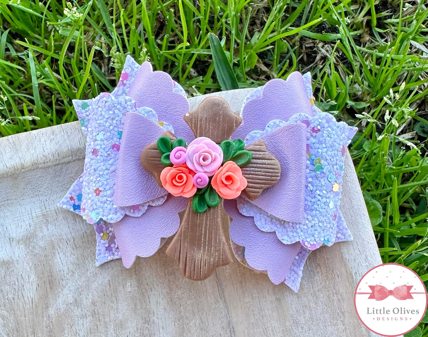 WOOD FLORAL CROSS CLAY EMILY BOW