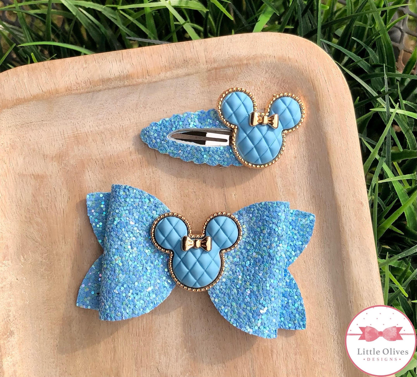 QUILTED MOUSE CLIP AND BOW - BLUE