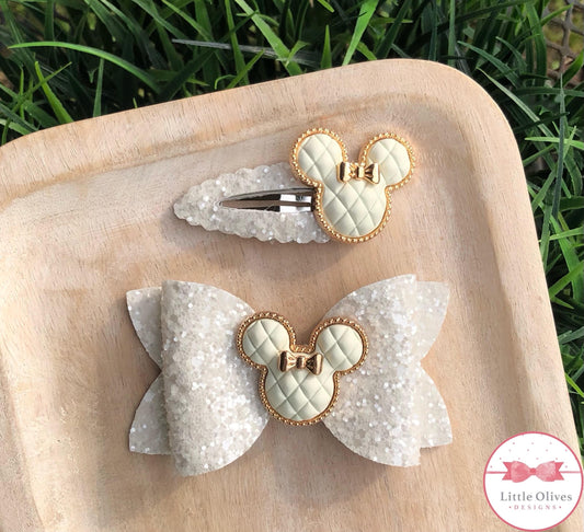 QUILTED MOUSE CLIP AND BOW - CREAM