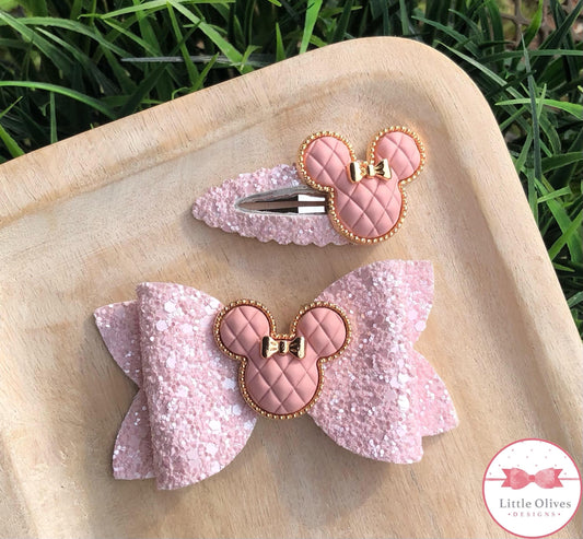 QUILTED MOUSE CLIP AND BOW - PINK