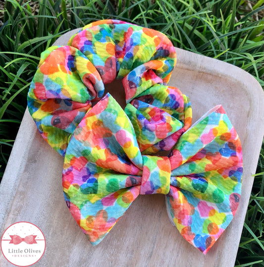 WATERCOLOR RAINBOW HEARTS SCRUNCHIE OR BOW