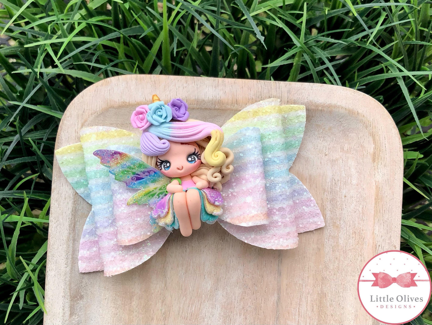 UNICORN FAIRY CLAY BOW - RAINBOW STRIPE