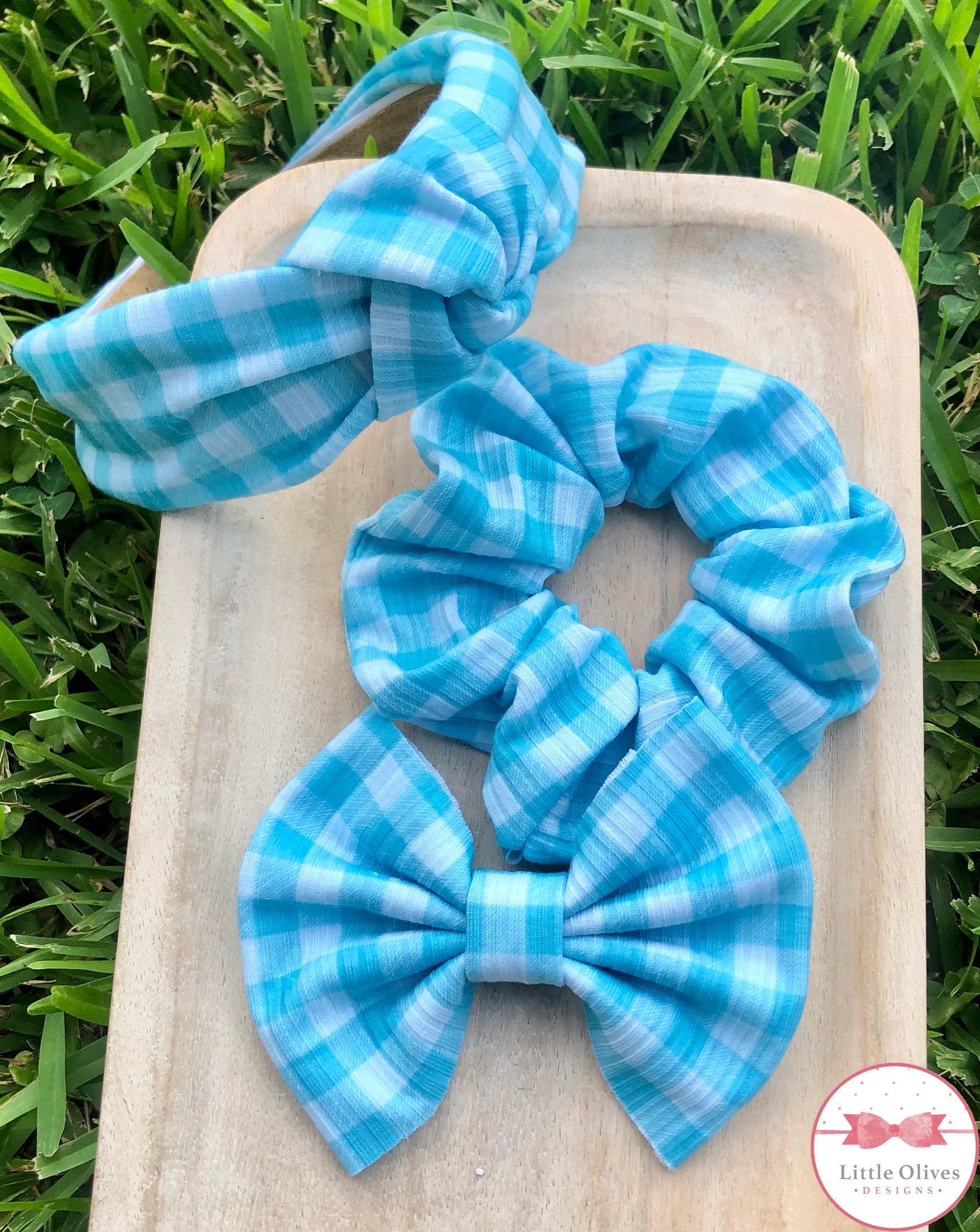 BLUE PLAID SCRUNCHIE, BOW OR KNOTTED HEADBAND