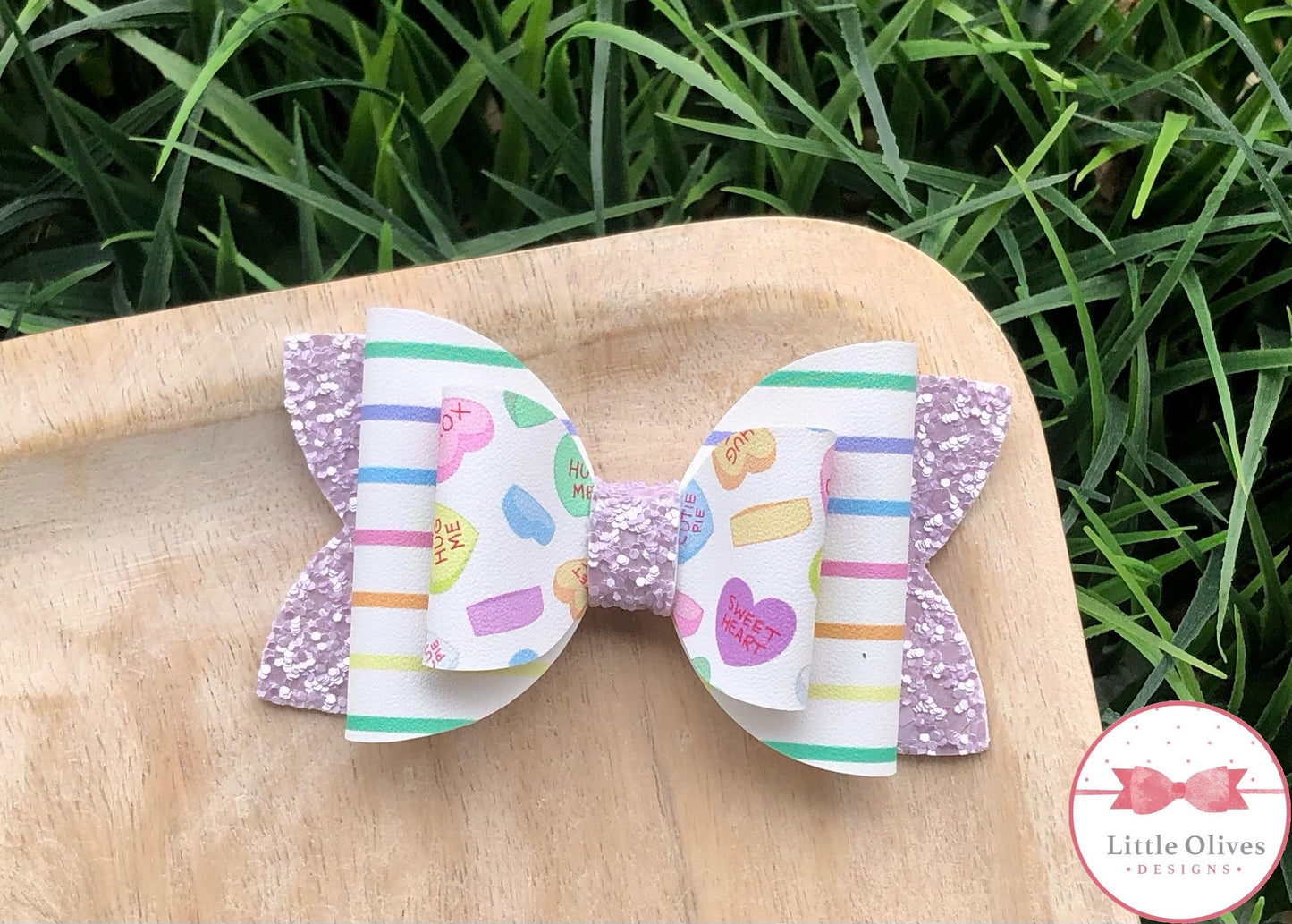 CONVERSATION HEARTS & STRIPES BOW