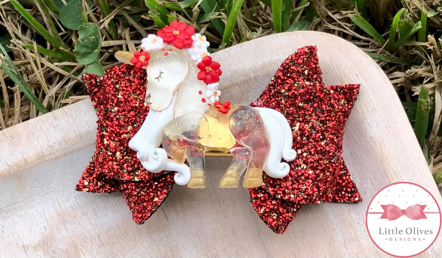 CHRISTMAS UNICORN CLAY BOW