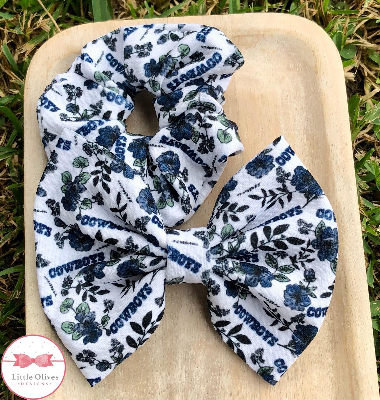 COW BOYS FLORAL SCRUNCHIE, BOW AND HEADWRAP