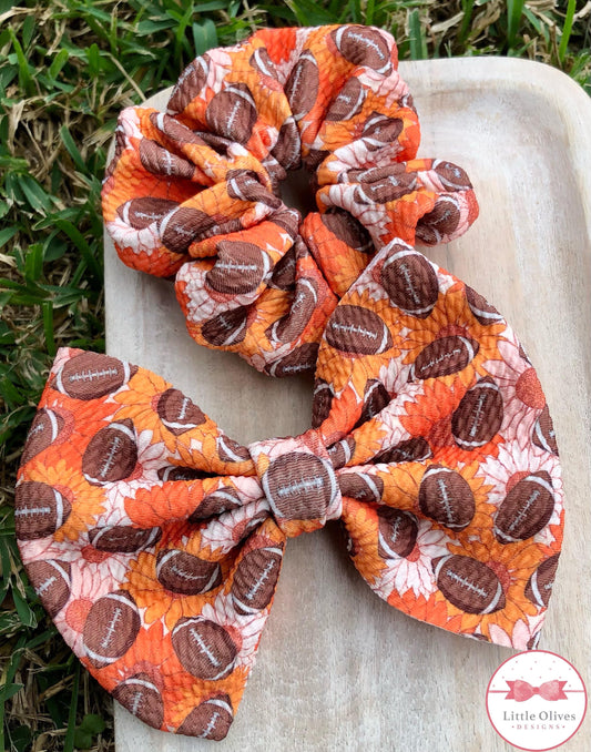 FALL FLORAL FOOTBALLS SCRUNCHIE, BOW AND HEADWRAP