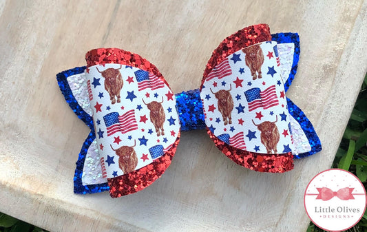 HIGHLAND COW USA FLAG BOW