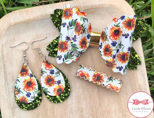 OLIVE SUNFLOWERS BOW, CLIP & EARRINGS