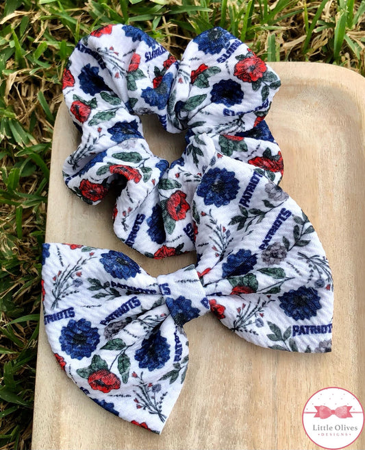 PATRYOTS FLORAL SCRUNCHIE, BOW AND HEADWRAP