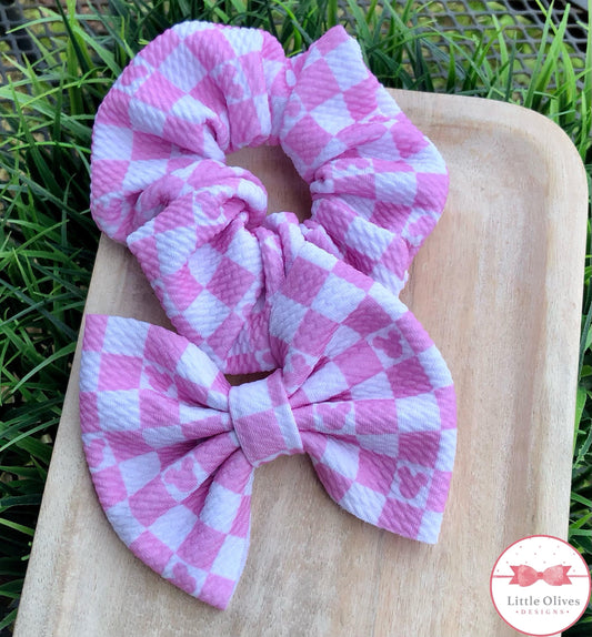 PINK CHECKERED MOUSE SCRUNCHIE OR BOW