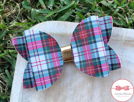 WHITE TARTAN PLAID BOW