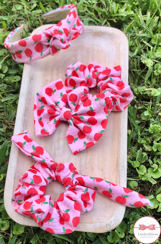 RED APPLE SCRUNCHIE, BOW OR KNOTTED HEADBAND