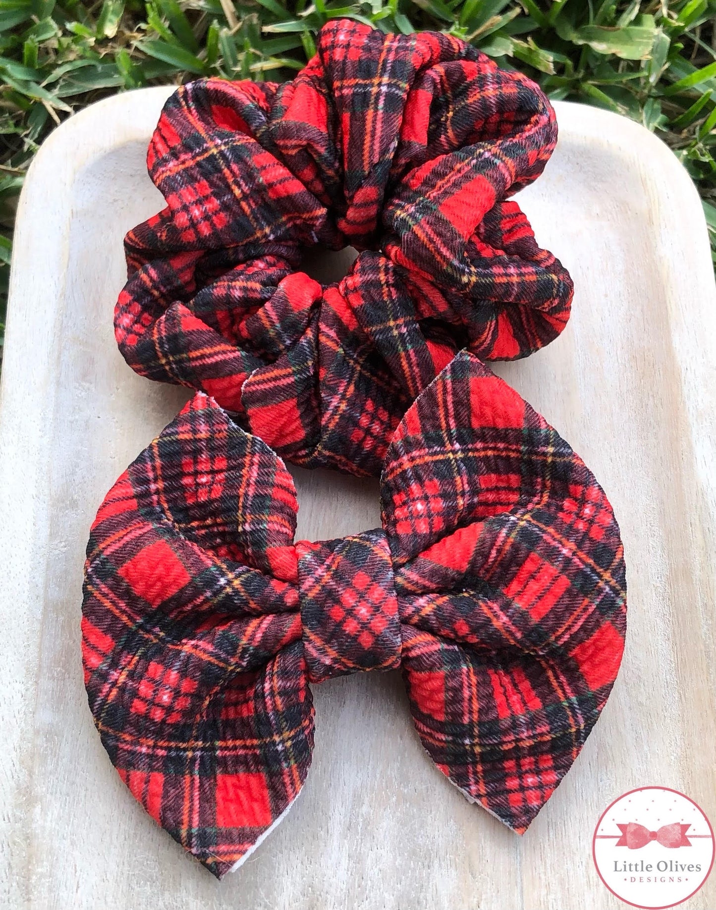 RED TARTAN PLAID BOW AND SCRUNCHIE