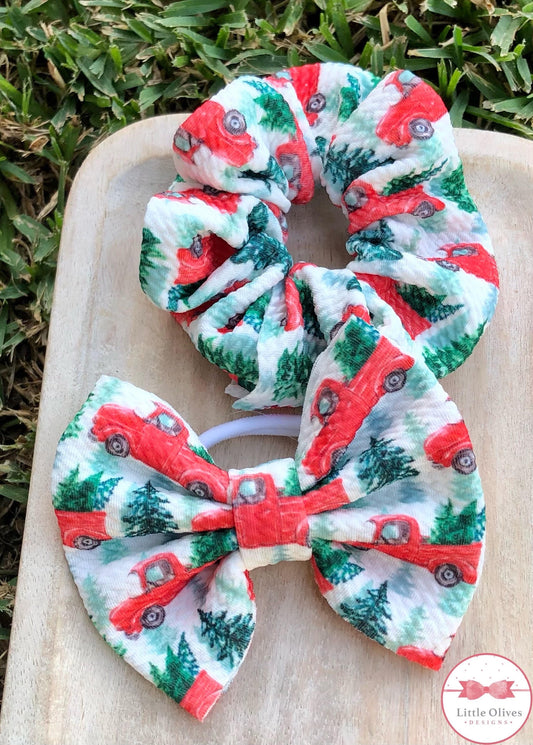 CHRISTMAS RED TRUCK BOW AND SCRUNCHIE