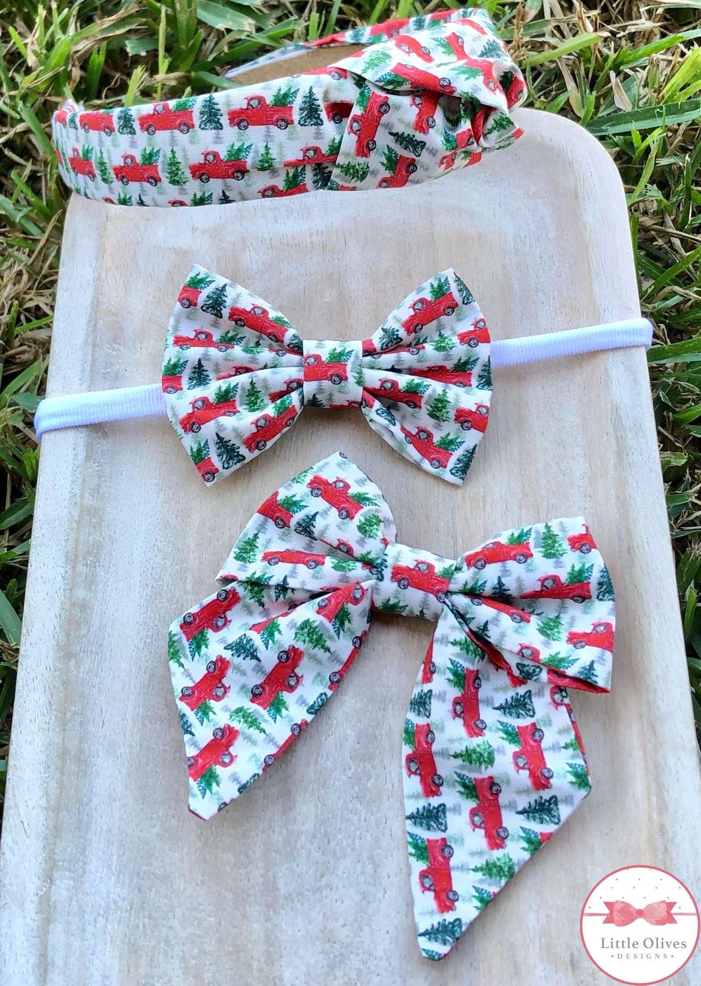 CHRISTMAS RED TRUCK COTTON BOW AND HEADBAND