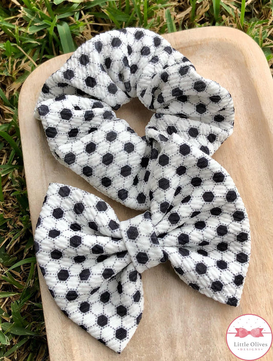 SOCCER PATTERN SCRUNCHIE AND BOW