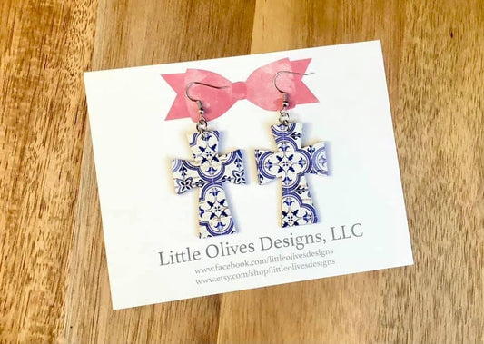 BLUE TILE CROSS CORK EARRINGS