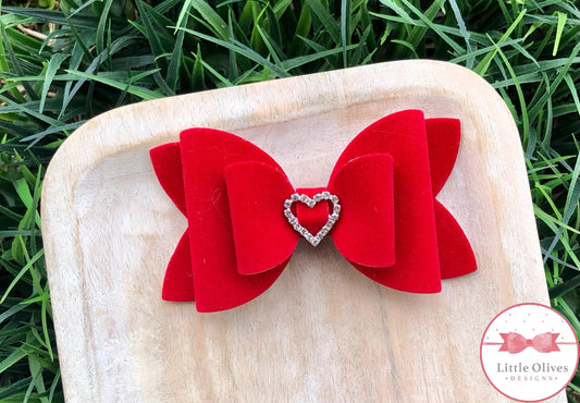 RHINESTONE HEART VELVET BOW - RED