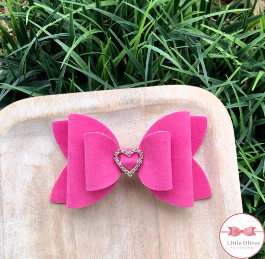 RHINESTONE HEART VELVET BOW - HOT PINK