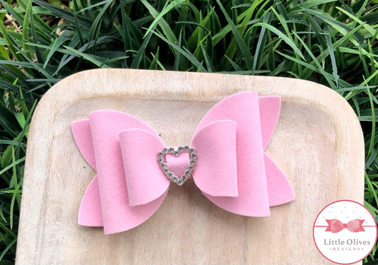 RHINESTONE HEART VELVET BOW - LIGHT PINK